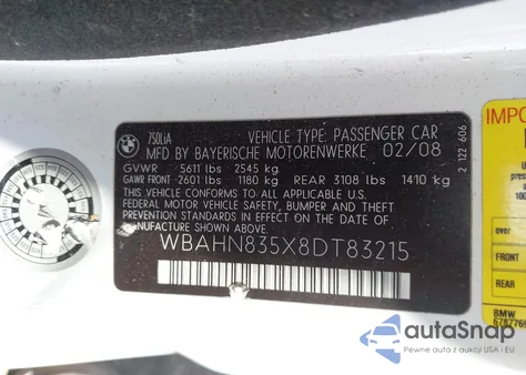 2008 BMW 750Li z USA, uszkodzony, nr VIN WBAHN835X8DT83215